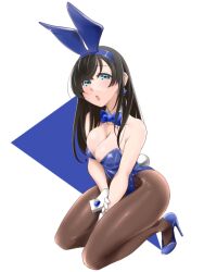 Rule 34 | 1girl, animal ears, black hair, blue bow, blue bowtie, blue eyes, blue leotard, bow, bowtie, breasts, brown pantyhose, commentary request, detached collar, gloves, idolmaster, idolmaster cinderella girls, large breasts, leotard, long hair, pantyhose, playboy bunny, rabbit ears, rabbit tail, sagisawa fumika, solo, strapless, strapless leotard, tail, udukikosuke, v arms, white gloves, wrist cuffs
