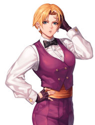 Rule 34 | 1girl, black bow, black bowtie, blonde hair, blue eyes, bow, bowtie, collared shirt, commentary request, dress shirt, earrings, evilgun, fingerless gloves, formal, gloves, hand on own head, hand on own hip, high-waist pants, highres, jewelry, king (snk), long sleeves, pants, parted lips, ryuuko no ken, shirt, short hair, solo, the king of fighters, vest, white shirt