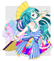 Rule 34 | 3girls, arm up, bare shoulders, blue bow, blue eyes, blunt bangs, blunt ends, bow, bracelet, cropped legs, dress, folding fan, from behind, green hair, hand fan, holding, holding fan, idol clothes, jewelry, long hair, looking at viewer, looking back, manaka non, moudoku (decopon3rd), multicolored clothes, multicolored dress, multiple girls, pretty series, pripara, profile, shoulder blades, skirt, solo focus, sparkle, standing, striped clothes, striped skirt, taiyo pepper, tsukikawa chili, two side up, vertical-striped clothes, vertical-striped skirt