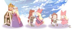 Rule 34 | age progression, blonde hair, blue eyes, brown hair, cape, couple, crown, dress, facial hair, green eyes, holding hands, hat, hetero, highres, husband and wife, long hair, mustache, narcia, pietro pakapuka, popolocrois, staff, tomomi (mltplus)