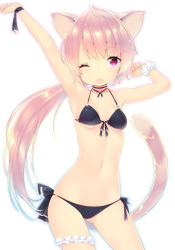 Rule 34 | 1girl, ahoge, animal ears, arms up, bare shoulders, bikini, black bikini, blush, breasts, bridal garter, cat ears, cat tail, cowboy shot, fang, front-tie top, halterneck, long hair, looking at viewer, navel, one eye closed, open mouth, original, pink eyes, pink hair, ponytail, ribbon, side-tie bikini bottom, simple background, small breasts, solo, stretching, string bikini, swimsuit, tail, white background, wrist cuffs, wrist ribbon, zizi (zz22)