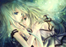 Rule 34 | 2girls, aqua hair, backlighting, bare shoulders, blue eyes, blue nails, collarbone, dress, green eyes, green hair, grey dress, gumi, hand on another&#039;s shoulder, hatsune miku, light particles, long hair, mio (yumehikou), multiple girls, nail polish, parted lips, profile, strap slip, strapless, strapless dress, twintails, upper body, vocaloid
