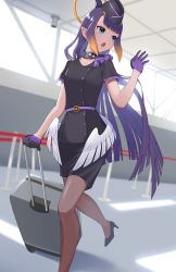 Rule 34 | 1girl, absurdres, airport, blue eyes, chestnut mouth, fang, flight attendant, gloves, half gloves, high heels, highres, hololive, hololive english, indoors, kapitan kr, long hair, low wings, luggage, mole, mole under eye, ninomae ina&#039;nis, open mouth, pantyhose, pointy ears, purple hair, rolling suitcase, suitcase, tentacle hair, travel attendant, virtual youtuber, wings