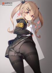 Rule 34 | 1girl, ass, black bow, black gloves, black jacket, black pantyhose, black skirt, bow, breasts, brown eyes, brown hair, cameltoe, closed mouth, clothes lift, cowboy shot, donedone, fingerless gloves, girls&#039; frontline, gloves, hair bow, hair ornament, hairclip, hood, hoodie, jacket, light smile, long hair, looking at viewer, panties, panties under pantyhose, pantyhose, patreon logo, shirt, sidelocks, skirt, skirt lift, small breasts, solo, standing, thighband pantyhose, trefoil, twintails, ump9 (girls&#039; frontline), underwear, watermark, web address, white shirt
