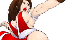 Rule 34 | 1girl, breasts, brown eyes, brown hair, cleavage, fatal fury, female focus, highres, large breasts, long hair, matching hair/eyes, muscular, muscular female, ninja, open mouth, ponytail, revealing clothes, shiranui mai, sideboob, solo