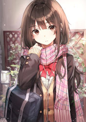 Rule 34 | 1girl, arm at side, bag, black jacket, blazer, blunt bangs, blush, bow, bowtie, brown eyes, brown hair, closed mouth, commentary request, day, earphones, enpera, eyes visible through hair, hair between eyes, hand up, highres, jacket, long hair, long sleeves, looking at viewer, open clothes, open jacket, original, outdoors, pink scarf, plaid, plaid scarf, rangu, red bow, red bowtie, scarf, school bag, school uniform, shirt, sleeves past wrists, solo, unbuttoned, white shirt