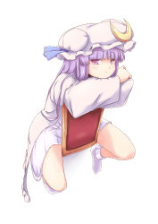 Rule 34 | 1girl, blush, bobby socks, capelet, chair, coat, coo (coonekocoo), crescent, dress, female focus, hat, highres, long hair, open clothes, open coat, patchouli knowledge, purple eyes, purple hair, sitting, sitting backwards, socks, solo, striped clothes, striped dress, touhou, white socks