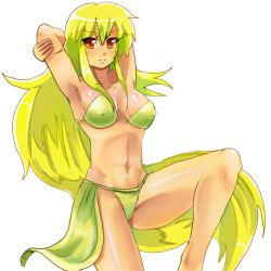 Rule 34 | 1990s (style), 1girl, armpits, arms up, barbariccia, bikini, blonde hair, breasts, byte (pixiv1324074), covered erect nipples, female focus, final fantasy, final fantasy iv, long hair, lowres, orange eyes, solo, swimsuit, very long hair, white background