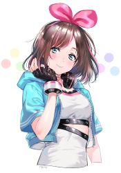 Rule 34 | 1girl, aqua jacket, artist name, bad id, bad twitter id, black gloves, blush, bow, closed mouth, commentary request, cropped jacket, facing viewer, fingerless gloves, gloves, green eyes, hairband, hand up, headphones, headphones around neck, hood, hooded jacket, jacket, kizuna ai, kizuna ai (a.i. games), kizuna ai inc., lace, mery (yangmalgage), multicolored hair, official alternate costume, pink bow, pink hair, pink hairband, pink ribbon, ribbon, shirt, short sleeves, smile, solo, streaked hair, swept bangs, two-tone hair, upper body, virtual youtuber, white shirt