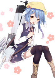 Rule 34 | 1girl, :d, akagi kurage, azur lane, beret, black thighhighs, blue dress, blue hair, blush, boots, bow, brown footwear, cannon, cherry blossom print, collared shirt, cross-laced footwear, dress, floral background, floral print, frilled dress, frills, hair ornament, hairclip, hat, highres, lace-up boots, long sleeves, looking at viewer, machinery, minazuki (azur lane), open mouth, pink bow, print dress, shirt, short hair with long locks, smile, solo, thighhighs, turret, white background, white shirt, x hair ornament, yellow eyes, yellow hat