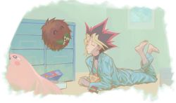 Rule 34 | 1boy, barefoot, black hair, blonde hair, box, closed eyes, closed mouth, collar, commentary request, drawer, duel monster, dyed bangs, green pants, green shirt, kuriboh, long sleeves, lying, male focus, marshmallon, millennium puzzle, multicolored hair, muto yugi, nobou (32306136), on stomach, pants, poster (object), shirt, smile, soles, spiked hair, the pose, toes, yu-gi-oh!