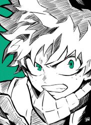Rule 34 | 1boy, absurdres, boku no hero academia, clenched teeth, commentary, freckles, green background, green eyes, hatching (texture), highres, liedein, male focus, midoriya izuku, monochrome, portrait, signature, solo, spot color, teeth