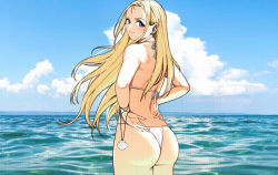 Rule 34 | 1girl, absurdres, ass, bikini, blonde hair, blue eyes, blue sky, cloud, cloudy rain4, day, from behind, halterneck, highres, horizon, jewelry, kofune ushio, long hair, looking at viewer, looking back, necklace, ocean, outdoors, shell, shell necklace, sky, solo, standing, string bikini, summertime render, swimsuit, thong bikini, very long hair, white bikini