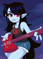 Rule 34 | 1girl, :d, adventure time, armpit peek, axe guitar, bare arms, bare shoulders, black hair, black tank top, blue shorts, blue skin, breasts, cleavage, cloud, cloudy sky, colored skin, commentary, cutoffs, denim, denim shorts, electric guitar, eyes visible through hair, fangs, feet out of frame, guitar, highres, holding, holding instrument, instrument, long hair, looking at viewer, marceline abadeer, medium breasts, minimilieu, night, night sky, no smoking, open mouth, outdoors, pixel art, pointy ears, purple sky, red eyes, shiny skin, shorts, sky, slit pupils, smile, solo, star (sky), starry sky, tank top, thick eyebrows, thighs, v-shaped eyebrows, very long hair