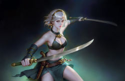Rule 34 | 1girl, black bra, black gloves, bra, breasts, brown eyes, circlet, cleavage, clenched hand, closed mouth, dual wielding, earrings, elbow gloves, fighting stance, fingerless gloves, forehead jewel, gloves, gold, highres, holding, holding sword, holding weapon, jewelry, lips, looking at viewer, medium breasts, nose, pink lips, smile, smirk, solo, stomach, sword, tiara, underwear, weapon, wenfei ye, white hair