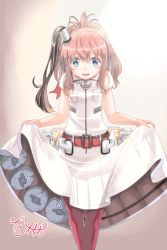 Rule 34 | 10s, 1girl, aged down, belt, blue eyes, breast pocket, brown hair, clothes lift, curtsey, dress, dress lift, facing viewer, hair between eyes, higeno shinshi, highres, kantai collection, long hair, looking at viewer, magazine (weapon), pocket, ponytail, red legwear, saratoga (kancolle), side ponytail, solo, white dress
