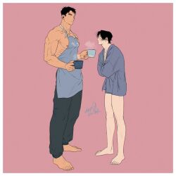 Rule 34 | 2boys, apron, artist name, bara, barefoot, black hair, black pants, blue male underwear, blush, couple, crossed arms, cup, grey apron, holding, holding cup, kashikahaya, large pectorals, looking at another, male focus, male underwear, multiple boys, muscular, muscular male, nipples, original, pants, pectorals, short hair, simple background, underwear, yaoi
