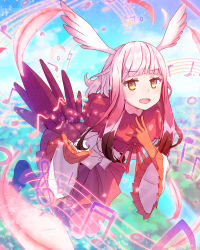 Rule 34 | 10s, 1girl, :d, bird tail, black footwear, blue sky, blunt bangs, breasts, buttons, collar, day, forest, frilled sleeves, frills, full body, fur collar, gloves, gradient hair, hand on own chest, hands up, head wings, highres, japanese crested ibis (kemono friends), kemono friends, landscape, legs up, long hair, long sleeves, mary janes, midair, miniskirt, multicolored hair, music, musical note, nature, neck ribbon, open mouth, outdoors, pantyhose, petals, pleated skirt, pot-palm, reaching, reaching towards viewer, red gloves, red hair, red pantyhose, red ribbon, red skirt, ribbon, river, shirt, shoes, sidelocks, silver hair, singing, skirt, sky, smile, solo, tail, tree, two-tone hair, white shirt, wide sleeves, wings, yellow eyes