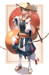 Rule 34 | 1girl, archery, armor, belt, bow (weapon), brown hair, clogs, gourd, hat, highres, hoshi rasuku, japanese armor, japanese clothes, looking at viewer, original, rosary, shirt, solo, thighhighs, weapon, white shirt, white thighhighs, yellow eyes