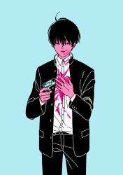 Rule 34 | 1boy, aqua background, black eyes, black hair, black pants, blood, blood on clothes, blood on face, buttoned cuffs, buttons, closed mouth, collared shirt, commentary, cowboy shot, desert eagle, finger on trigger, gakuran, gun, hand on own chest, handgun, holding, holding gun, holding weapon, jacket, long sleeves, looking at viewer, male focus, no sclera, open clothes, open jacket, original, pants, pink blood, pocket, school uniform, sen 46, shirt, shirt tucked in, short hair, simple background, solo, unbuttoned, weapon