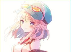 Rule 34 | 1girl, bare shoulders, blonde hair, blue eyes, blue hat, blush, character request, closed mouth, eyewear on headwear, hat, hibi89, looking at viewer, merc storia, neck ribbon, red ribbon, ribbon, shirt, short hair, sidelocks, smile, solo, upper body, white shirt