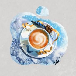 Rule 34 | artist name, black tea, cup, drink, feathers, food focus, from above, ice, issiki toaki, no humans, original, pinecone, plate, ribbon, simple background, snowflakes, sugar cube, tea, teacup