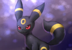 Rule 34 | animal focus, animal nose, black fur, colored sclera, creatures (company), dated, fang, feet out of frame, game freak, gen 2 pokemon, highres, nintendo, no humans, pokemon, pokemon (creature), purple background, red eyes, red sclera, ryuma210, signature, standing, umbreon