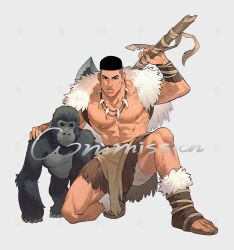 Rule 34 | 1boy, abs, akagi takenori, arm guards, axe, bara, bare pectorals, black eyes, black hair, brown footwear, commission, dark-skinned male, dark skin, full body, fur-trimmed footwear, fur-trimmed vest, fur trim, gorilla, grey background, hand on animal, highres, holding, holding axe, holding weapon, jewelry, ke (ke sd), large pectorals, loincloth, looking at viewer, male focus, muscular, muscular male, necklace, on one knee, pectorals, pelvic curtain, short hair, simple background, slam dunk (series), solo, toeless legwear, tooth necklace, undercut, vest, weapon, weapon behind back