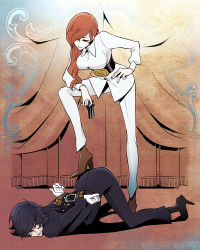 Rule 34 | 1boy, 1girl, belt, blouse, boots, breasts, brown eyes, brown hair, gun, hair over one eye, high heel boots, high heels, kkt049, large breasts, long hair, lupin iii, lupin the third: mine fujiko to iu onna, mine fujiko, oscar (lupin), oscar (lupin iii), pants, restrained, shirt, smile, tms entertainment, trample, weapon