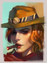 Rule 34 | 1girl, artist name, brown eyes, brown hair, brown hat, cape, cassidy (overwatch), cigar, cowboy hat, eyelashes, freckles, genderswap, genderswap (mtf), hat, lips, lipstick, looking at viewer, makeup, mascara, matching hair/eyes, mouth hold, nose, overwatch, overwatch 1, peter xiao, pink lips, poncho, portrait, red cape, smoking, solo, superschool48, teeth, teeth hold