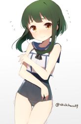 Rule 34 | 1girl, blush, bob cut, braid, brown eyes, cosplay, crop top, flying sweatdrops, green hair, harusawa, kantai collection, looking at viewer, ro-500 (kancolle) (cosplay), ro-500 (kancolle), sailor collar, school swimsuit, school uniform, short hair, sleeveless, solo, swimsuit, swimsuit under clothes, takanami (kancolle), thighs, twitter username, uniform