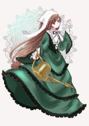 Rule 34 | 1girl, brown hair, dress, frilled dress, frills, full body, green dress, green eyes, head scarf, heterochromia, highres, holding, holding watering can, long hair, looking to the side, pine (pineapple5459), red eyes, rozen maiden, smile, solo, suiseiseki, very long hair, watering can