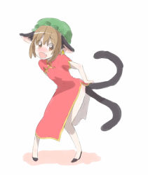 Rule 34 | 1girl, animal ears, blush, brown eyes, brown hair, cat ears, cat girl, cat tail, chen, china dress, chinese clothes, dress, earrings, embarrassed, fang, female focus, full body, hair bun, hat, jewelry, mob cap, mokeo, multiple tails, short hair, side slit, simple background, single hair bun, solo, tail, touhou, white background