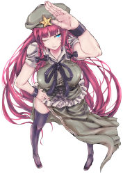 Rule 34 | 1girl, black thighhighs, blue eyes, braid, breasts, female focus, foreshortening, full body, hat, highres, hong meiling, large breasts, long hair, panzer (p.z), red hair, simple background, solo, thighhighs, touhou, twin braids, white background