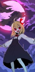 Rule 34 | 1girl, ahoge, black dress, blonde hair, bow, bowtie, center frills, cloud, commentary, dress, fang, feet out of frame, frills, full moon, hair ribbon, long sleeves, looking at viewer, medium hair, mei mu, moon, open mouth, outdoors, outstretched arms, pantyhose, red bow, red bowtie, red eyes, red moon, red ribbon, ribbon, rumia, shirt, smile, solo, touhou, white pantyhose, white shirt