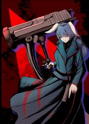 Rule 34 | 1girl, absurdres, animal ears, back cover, blue hair, coat, cover, dual wielding, earclip, floppy ears, full body, gun, handgun, highres, holding, holding weapon, huge weapon, long sleeves, looking at viewer, looking to the side, mallet, oversized object, rabbit ears, red background, red eyes, seiran (touhou), smile, solo, splatter, splatter background, textless version, touhou, trench coat, trigger discipline, war hammer, weapon, weedhollow (dokuran)