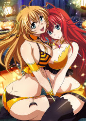 Rule 34 | 2girls, :d, ahoge, antenna hair, aqua eyes, arm strap, ass, bare arms, black thighhighs, blonde hair, bra, breast press, butt crack, closed mouth, collarbone, crossover, detached collar, dimples of venus, fang, food-themed hair ornament, from side, gem, hair between eyes, hair ornament, halloween, halloween costume, high school dxd, ikkitousen, long hair, looking at viewer, microskirt, multiple girls, navel, open mouth, panties, pumpkin, pumpkin hair ornament, purple gemstone, red hair, rias gremory, shiny skin, sitting, skirt, smile, sonsaku hakufu, striped bra, striped clothes, symmetrical docking, thighhighs, underwear, very long hair, yellow bra, yellow panties, yellow skirt