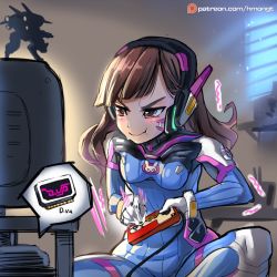 Rule 34 | &gt;:t, 1girl, :t, window blinds, blunt bangs, blush, bodysuit, bracer, breasts, brown hair, character name, controller, d.va (overwatch), facial mark, famicom, figure, game console, game controller, gloves, glowing, headphones, hip focus, hm (hmongt), holding, indian style, indoors, long hair, looking to the side, mecha, meka (overwatch), motion blur, orange eyes, overwatch, overwatch 1, playing games, robot, serious, sitting, sketch, small breasts, solo, speech bubble, spread legs, sweat, television, toy, turtleneck, v-shaped eyebrows, video game, watermark, web address, whisker markings, window