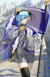 Rule 34 | 1girl, black gloves, blouse, blue eyes, blue hair, blue ribbon, building, collared shirt, day, epaulettes, fingerless gloves, flag, gloves, grey headwear, hair between eyes, hair ribbon, hat, high-waist shorts, highres, holding, holding flag, hololive, hoshimachi suisei, hoshimachi suisei (1st costume), long hair, long sleeves, looking at viewer, outdoors, parted lips, ribbon, scottie (phantom2), shirt, shorts, side ponytail, single thighhigh, solo focus, standing, thighhighs, virtual youtuber, white shirt