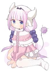 Rule 34 | 1girl, beads, blue eyes, blunt bangs, capelet, child, commentary request, dragon girl, dragon horns, dress, frilled capelet, frills, hair beads, hair ornament, hairband, horns, kanna kamui, kobayashi-san chi no maidragon, long hair, looking at viewer, low twintails, nakajima lupus, pink dress, sitting, tail, thighhighs, twintails, twitter username, wariza, watermark, white background, white thighhighs