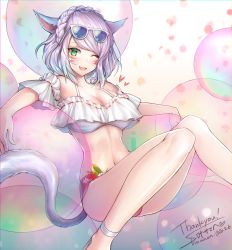 Rule 34 | 1girl, animal ears, warrior of light (ff14), bikini, braid, breasts, cat ears, cat tail, cleavage, commission, dated, detached sleeves, eyewear on head, facial mark, fang, final fantasy, final fantasy xiv, green eyes, highres, looking at viewer, medium breasts, mii@chiffonx, miqo&#039;te, navel, one eye closed, open mouth, pink hair, short hair, signature, solo, sunglasses, swept bangs, swimsuit, tail