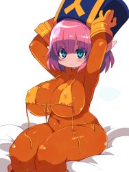 Rule 34 | 1girl, absurdres, armpits, arms up, bikini, blue eyes, blue hat, blunt bangs, blush, bodystocking, bodysuit, breasts, closed mouth, dragon quest, dragon quest x, elf (dq10), gloves, hat, highres, huge breasts, looking at viewer, micro bikini, orange bodysuit, pink hair, pointy ears, short hair, simple background, sitting, smile, solo, sweat, swimsuit, white background, yellow bikini, yellow gloves, zankuro