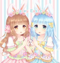 Rule 34 | 2girls, :d, animal ears, basket, blue dress, blue flower, blue nails, blunt bangs, blush, bow, brown eyes, brown hair, caramel (caramelmilk), center frills, collarbone, commentary, dress, easter, easter egg, egg, english commentary, fingernails, flower, food, frills, green eyes, green flower, hair bow, hair flower, hair ornament, hands up, happy easter, holding, holding egg, holding food, multiple girls, nail polish, open mouth, original, pink bow, pink dress, pink flower, pink nails, puffy short sleeves, puffy sleeves, rabbit ears, rabbit girl, rabbit tail, short sleeves, smile, striped background, striped clothes, striped dress, tail, vertical-striped clothes, vertical-striped dress, white flower, yellow bow