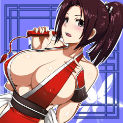 Rule 34 | 1girl, bare shoulders, blush, breasts, brown eyes, brown hair, cleavage, collarbone, covered erect nipples, fatal fury, fingerless gloves, fingernails, folded fan, folding fan, gloves, hair ornament, hand fan, highres, large breasts, lips, long hair, no bra, okyou, open mouth, ponytail, revealing clothes, shiny skin, shiranui mai, sideboob, smile, snk, solo, teeth, the king of fighters, tongue, tongue out