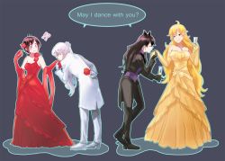 Rule 34 | 4girls, black dress, black hair, blake belladonna, blonde hair, blush, breasts, cookie, dress, elbow gloves, female focus, food, gloves, kuma (bloodycolor), multiple girls, plant, red dress, ruby rose, rwby, simple background, tailcoat, weiss schnee, white dress, yang xiao long, yellow dress
