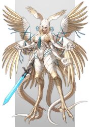 Rule 34 | 1girl, absurdres, black sclera, blue necktie, blue ribbon, bracelet, breasts, claws, colored sclera, colored skin, commission, cracked skin, digitigrade, extra arms, feather trim, feathered wings, feathers, fingernails, full body, grey background, head wings, highres, holding, holding sword, holding weapon, jewelry, long fingernails, looking at viewer, monster girl, multiple tails, multiple wings, navel, necktie, no mouth, one-eyed, original, outside border, panties, pillarboxed, red eyes, ribbon, scales, sharp fingernails, short hair, simple background, skeb commission, snake tail, solo, standing, sumosamo, sword, tail, talons, underwear, weapon, white hair, white skin, wing ribbon, wings, yellow nails, yellow panties