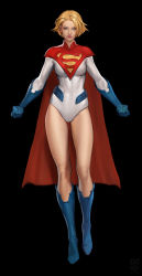 Rule 34 | 1girl, absurdres, alternate costume, artist request, black background, blonde hair, blue eyes, blue footwear, blue gloves, boots, breasts, cape, clenched hands, closed mouth, dc comics, elbow gloves, full body, gloves, highres, knee boots, leotard, lips, logo, long sleeves, looking at viewer, medium breasts, power girl, red cape, short hair, simple background, solo, superman (series), white leotard