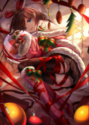 Rule 34 | 1girl, black panties, black thighhighs, blue eyes, blush, boots, bound, bow, breasts, brown hair, brown skirt, christmas ornaments, fur trim, gift, gloves, hairband, holding, kizuna ai, kizuna ai inc., knee boots, leg ribbon, limit x, long hair, looking at viewer, lying, multicolored hair, on side, open mouth, panties, pink hair, pleated skirt, red footwear, red hairband, ribbon, santa costume, skirt, smile, solo, streaked hair, thighhighs, underwear, virtual youtuber