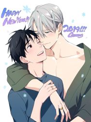 Rule 34 | 2019, 2boys, ;d, arm around neck, artist name, black hair, blue eyes, blue shirt, blush, brown eyes, cheek-to-cheek, close-up, collarbone, couple, eyes visible through hair, gearous, grey hair, hand on another&#039;s arm, happy, happy new year, heads together, hug, hug from behind, husband and husband, jewelry, katsuki yuuri, long sleeves, looking at another, looking up, male focus, multiple boys, new year, one eye closed, open mouth, pectorals, ring, robe, shirt, simple background, smile, snowflake background, snowflakes, teeth, upper body, upper teeth only, viktor nikiforov, wedding ring, white background, yaoi, yuri!!! on ice