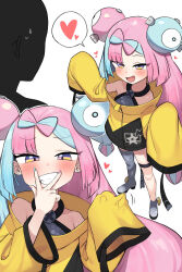 Rule 34 | 1girl, 1other, :d, bare shoulders, blue hair, blue nails, blush, bow-shaped hair, collarbone, commentary, creatures (company), english commentary, fang, game freak, grey footwear, grey thighhighs, grin, half-closed eyes, handjob gesture, heart, highres, iono (pokemon), jacket, lakilolom, long hair, long sleeves, mesugaki, multicolored hair, multicolored nails, multiple views, naughty face, nintendo, open mouth, pink hair, pink nails, pokemon, pokemon sv, purple eyes, shoes, simple background, single thighhigh, sleeves past fingers, sleeves past wrists, smile, spoken heart, standing, thighhighs, two-tone hair, v over eye, very long hair, white background, yellow jacket